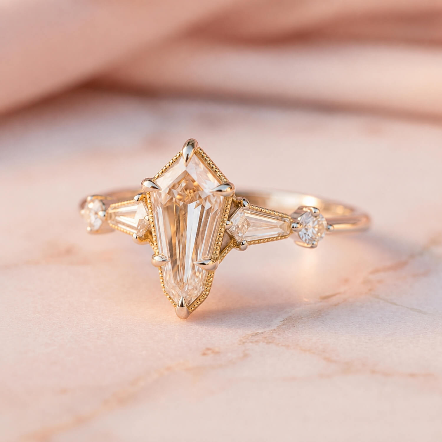 Nature-inspired engagement ring with a kite-shaped center diamond